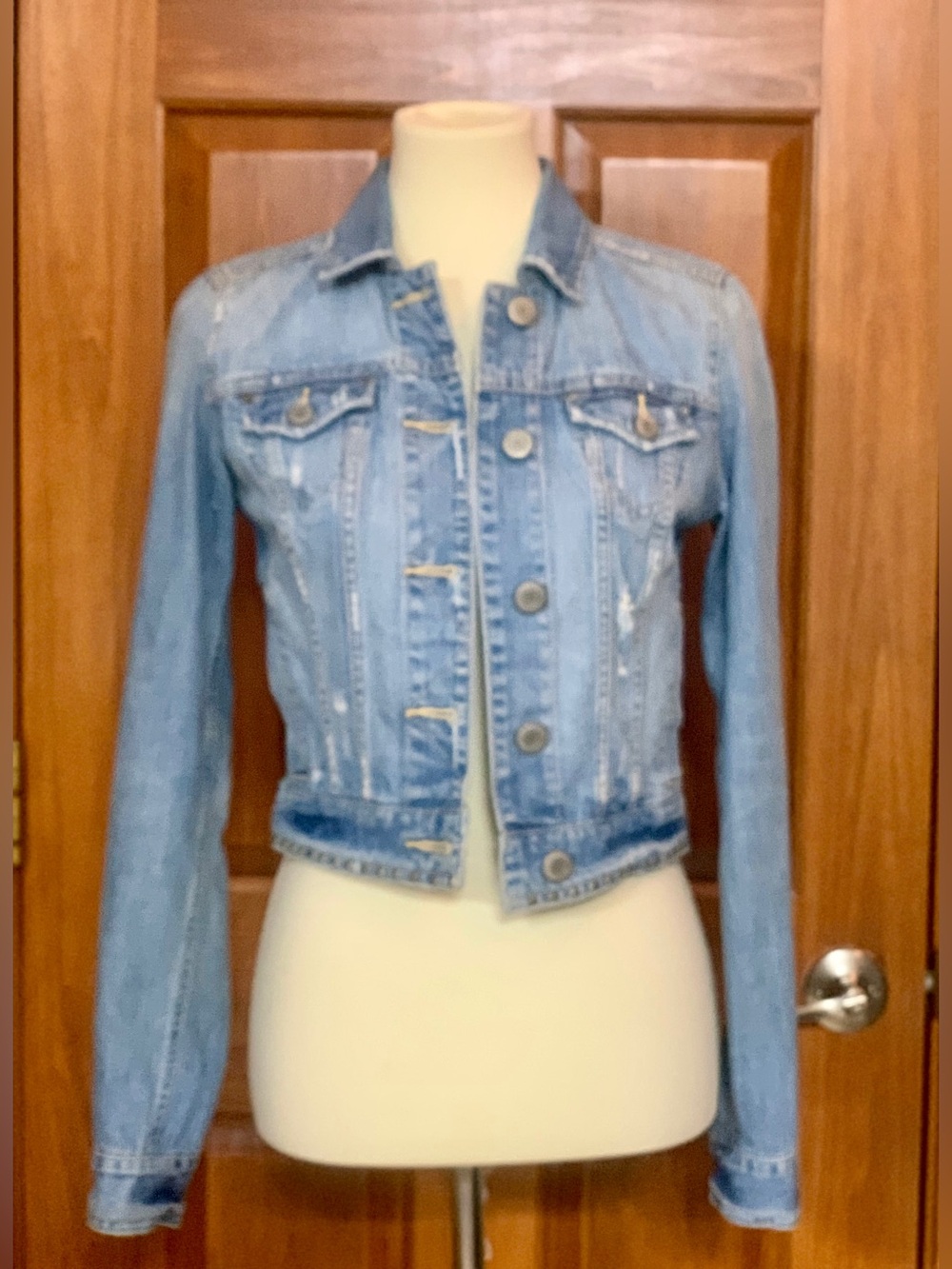 American Eagle Outfitters Light Wash Distressed Denim Jacket S-P Studded
